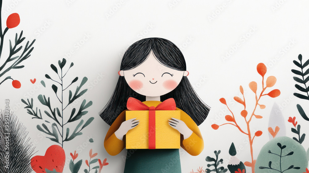 Yellow watercolor painting of a little girl holding christmast gift box Yellow watercolor painting of a little girl holding christmast gift box