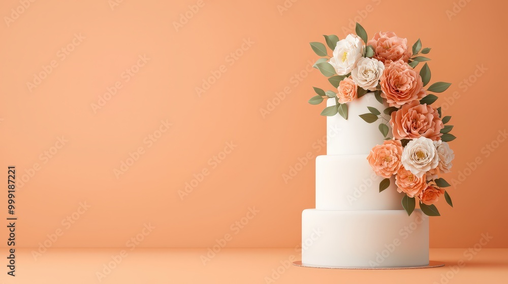 Elegant White Wedding Cake Decorated with Peach and White Flowers on Orange Background Elegant White Wedding Cake Decorated with Peach and White Flowers on Orange Background