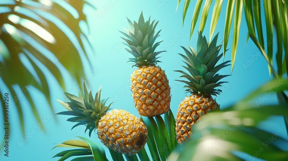 tropical pineapples on palm leaves tropical pineapples on palm leaves