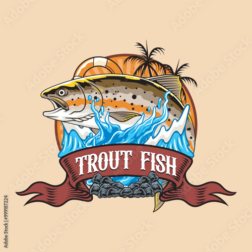 Trout fish Sport Fishing logotype in brown Background Colorful Vector Cartoon Modern Illustration for sticker badge emblem t-shirt banner invitation