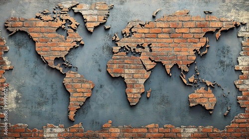 World Map on Textured Brick Wall Design