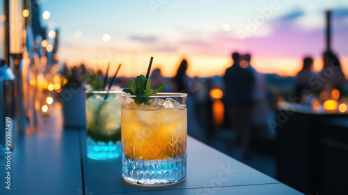 A close-up of refreshing cocktails in crystal glasses garnished with mint leaves on an outdoor bar at sunset, with blurred people in the background.