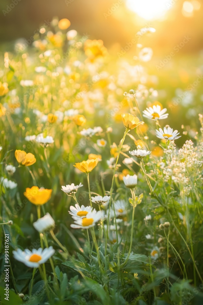 Vibrant field of yellow and white wildflowers in the sunlight Vibrant field of yellow and white wildflowers in the sunlight