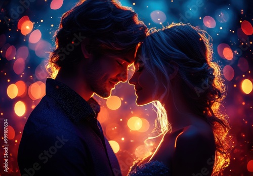 Romantic embrace of a couple surrounded by warm bokeh lights on a dreamy night