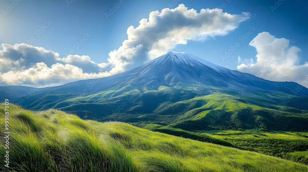 Fototapeta premium Bright Green Grass and Blue Sky with White Clouds