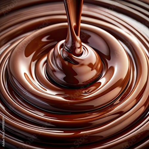 Close-up view of dark chocolate flowing into a pool, creating swirling patterns and abstract art