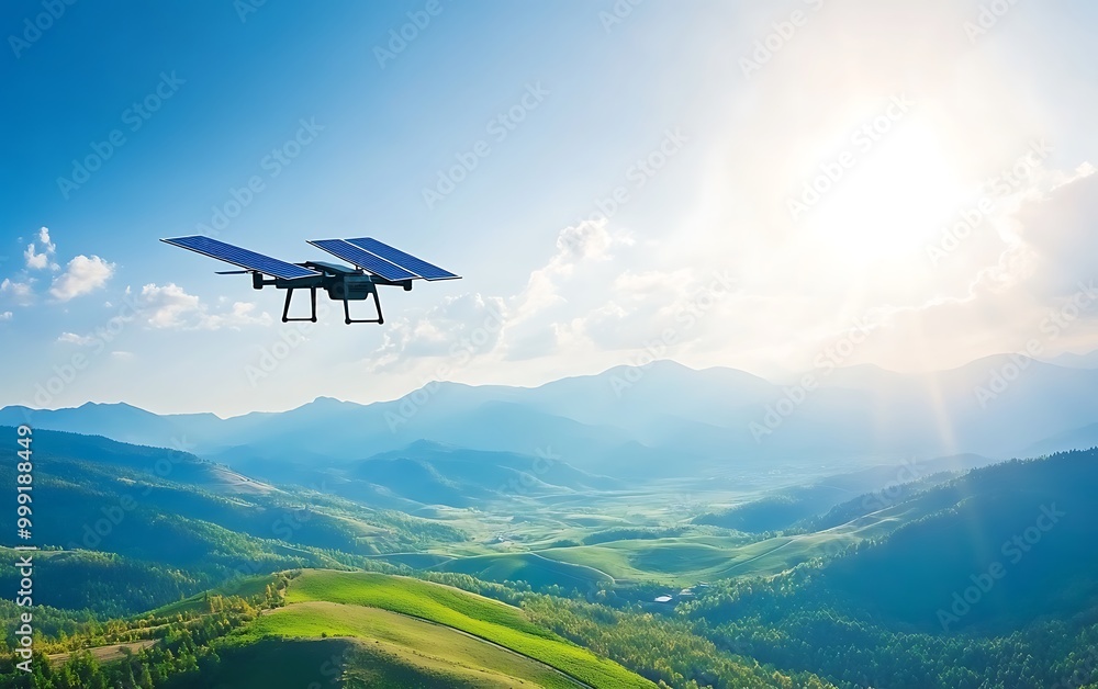 Solar-Powered Drone Over Green Landscape Symbolizing Environmental Monitoring Integration Solar-Powered Drone Over Green Landscape Symbolizing Environmental Monitoring Integration