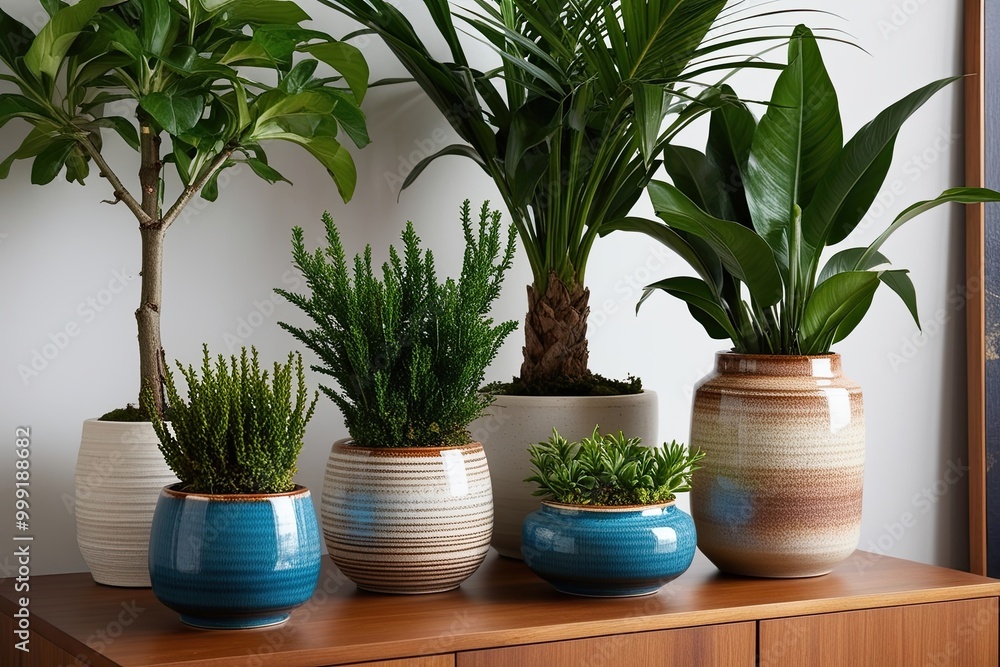 Fototapeta premium Stylish Ceramic Planters for Elegant Ornamental Plant Arrangements in Modern Home Decor