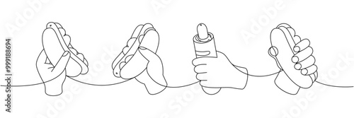 Set of hand hold hotdog one line continuous drawing. American street fast food. Vector linear illustration.