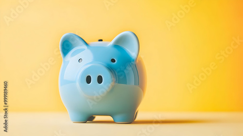 Blue Piggy Bank on Pastel Yellow Background