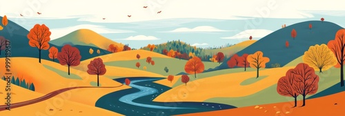 Autumn Landscape with Rolling Hills, Vibrant Trees, and a Winding River Through a Serene Valley