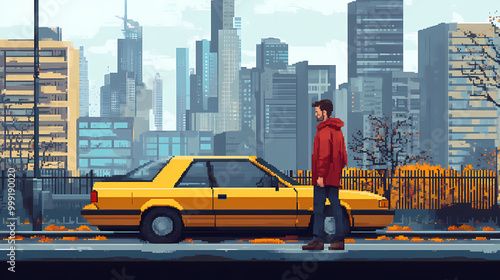 Pixelated illustration of a man standing near a yellow car in front of city buildings. Pixelated Graphics. Illustration