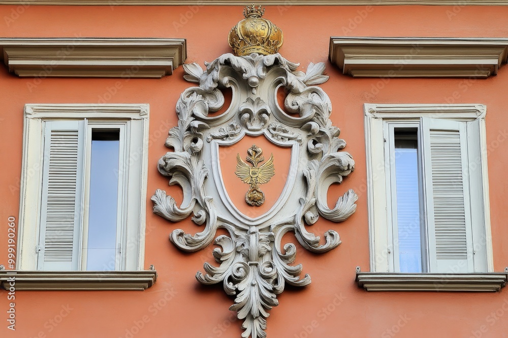 Ornate architectural detail with crown and coat of arms