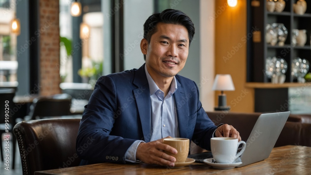 Asian businessman working from cafe with laptop Asian businessman working from cafe with laptop