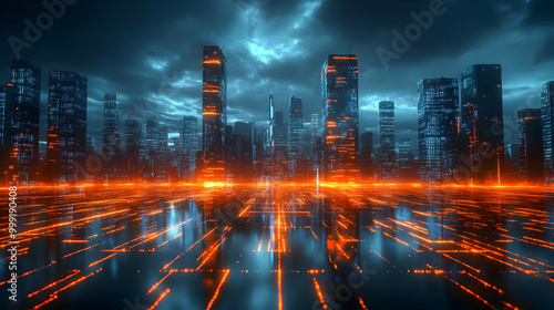 Cyberpunk Cityscape with Glowing Lines