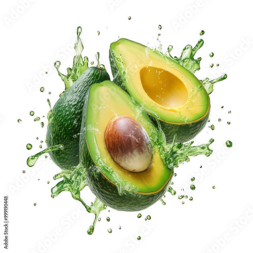 Ripe Avocado Slices with Water Splash, Organic, Green, and Healthy On Transparent Background