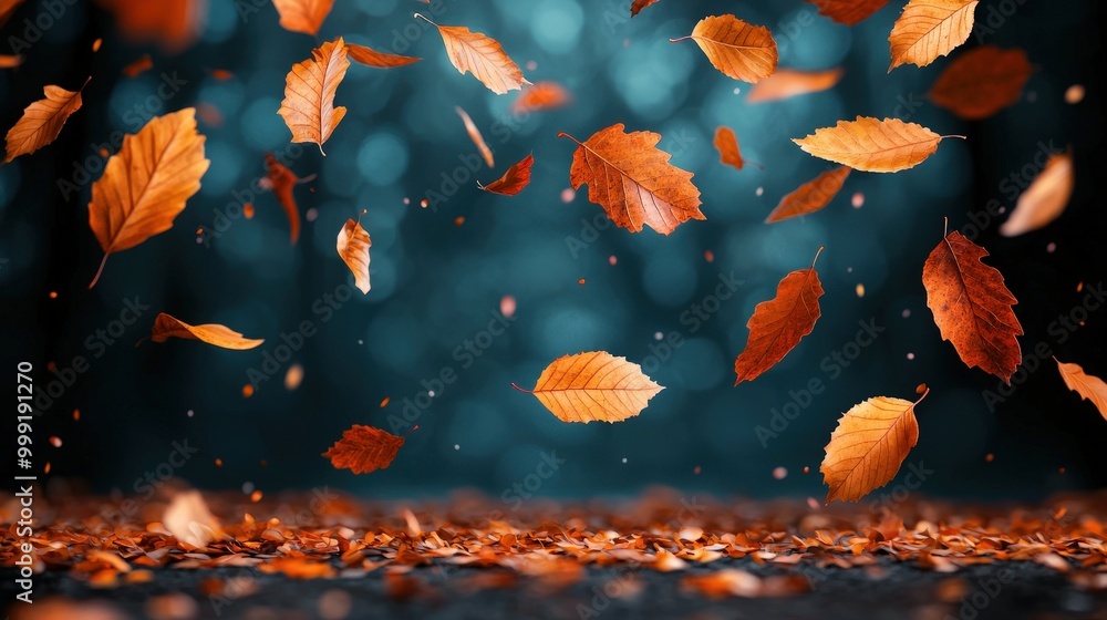 Falling Autumn Leaves with Teal Background Nature Photography Falling Autumn Leaves with Teal Background Nature Photography