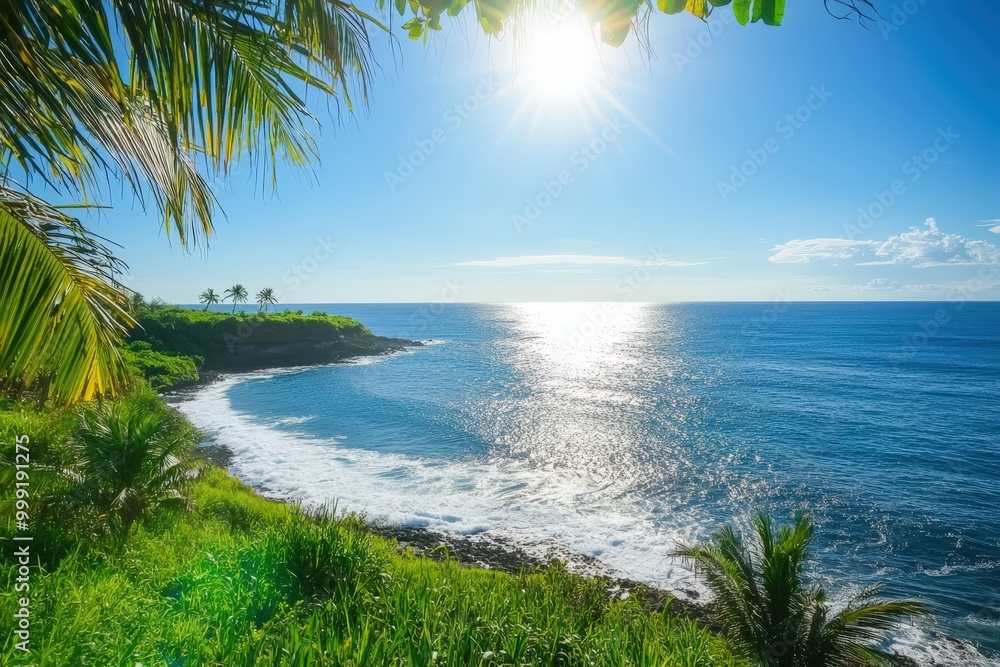 Tropical paradise beach scene with palm trees and ocean Tropical paradise beach scene with palm trees and ocean