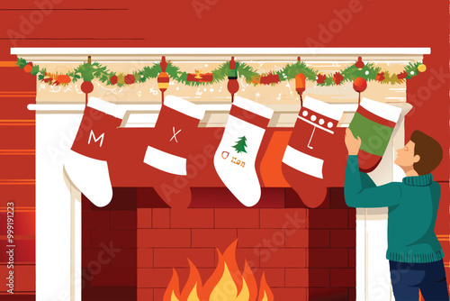 A man hangs a Christmas stocking on a fireplace mantel.