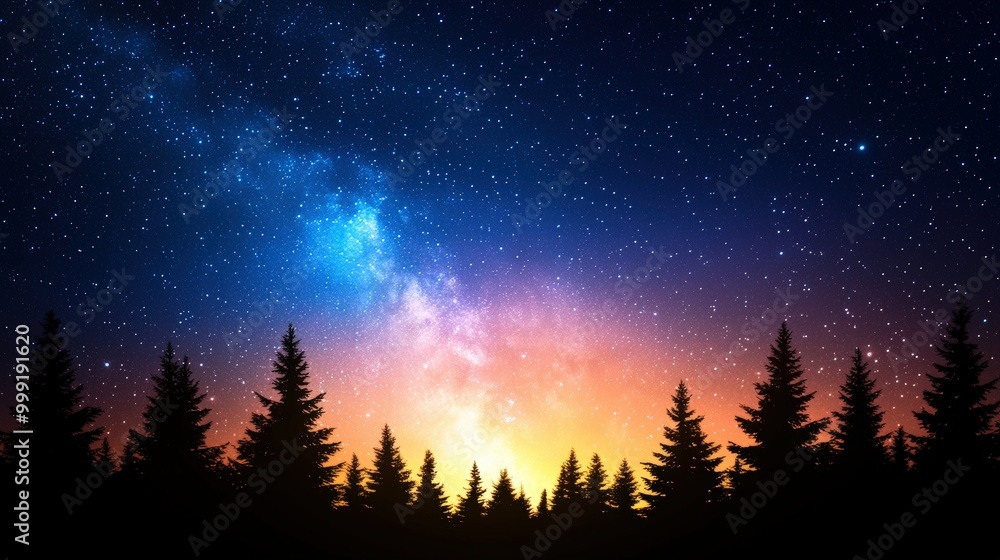 Fototapeta premium Milky Way Galaxy Night Sky With Silhouetted Trees
