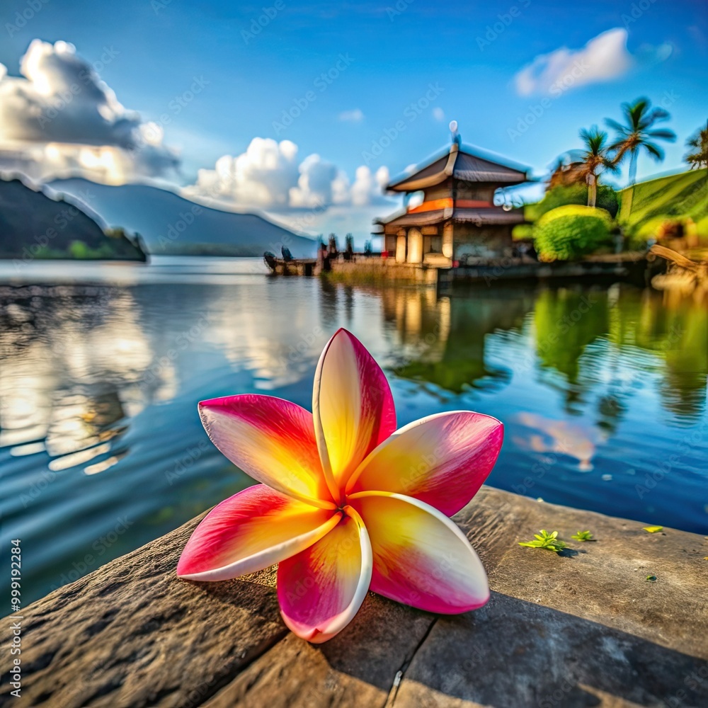 A vibrant pink plumeria flower rests on a wooden dock overlooking a calm lake in Bali. A traditional Balinese pavilion stands in the distance A vibrant pink plumeria flower rests on a wooden dock overlooking a calm lake in Bali. A traditional Balinese pavilion stands in the distance