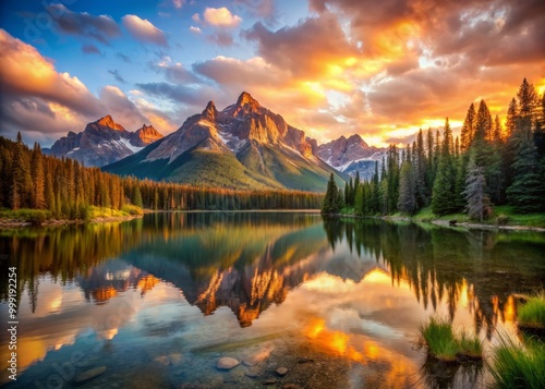 Vibrant Sunrise illuminates serene mountain lake surrounded by majestic peaks awakening with warm golden light.