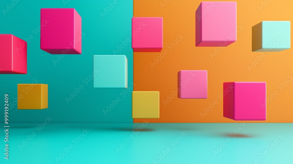 Floating abstract color blocks, futuristic scene, 3D illustration Floating abstract color blocks, futuristic scene, 3D illustration