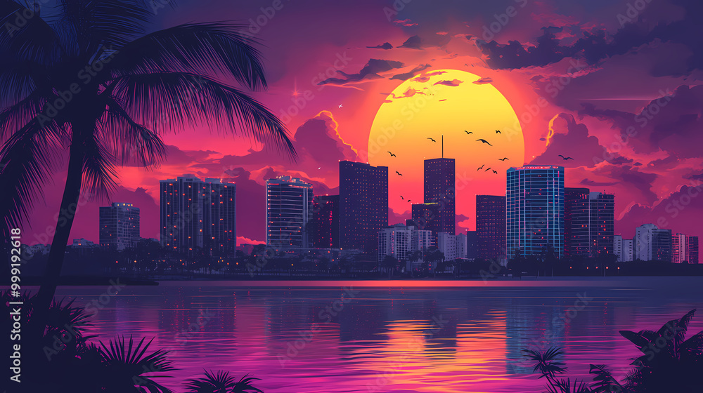 Obraz premium Synth wave retro miami city landscape background at sunset, digital illustration. Retro Illustration
