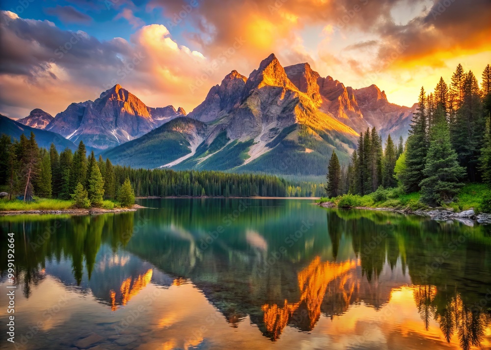 Fototapeta premium Serene Mountain Landscape comes alive with vibrant colors as golden hour sunrise radiates across calm lake waters and towering peaks.