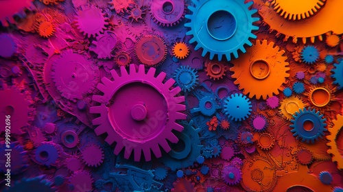 Surreal clockwork, intricate gears of vivid colors, 3D illustration photo