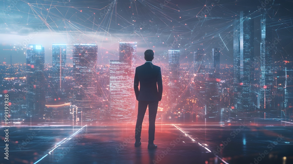 Obraz premium Business man on future network city technology background.