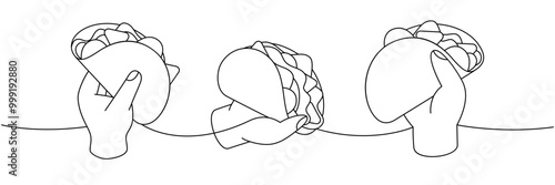 Hands hold beef tacos one line continuous drawing. Traditional Mexican street fast food. Vector linear illustration.