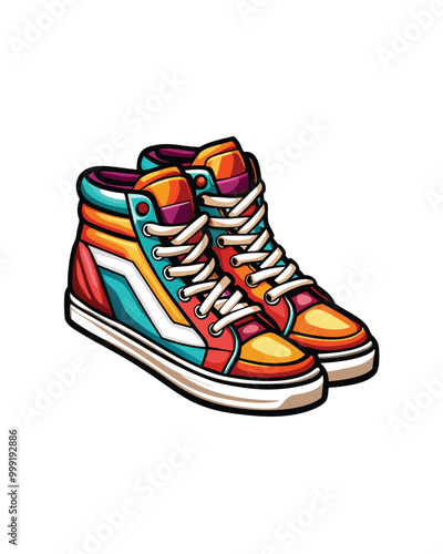 Illustration of a pair of classic 70s style high top sneakers with colorful panels and white laces.