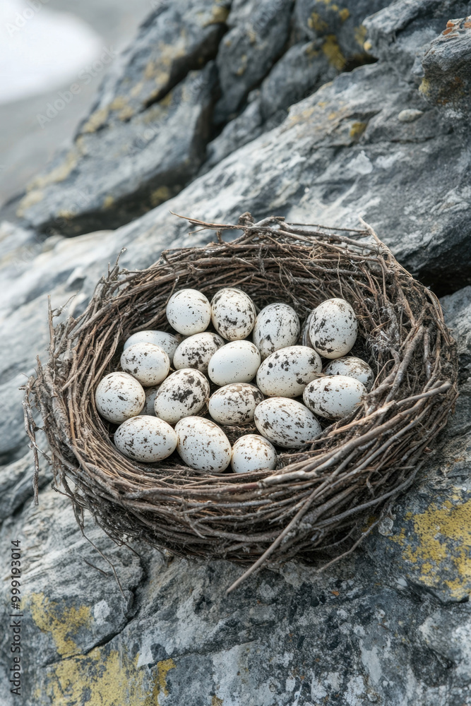 A bird's nest filled with speckled eggs resting on a rocky surface, showcasing the beauty of nature in a rugged setting. A bird's nest filled with speckled eggs resting on a rocky surface, showcasing the beauty of nature in a rugged setting.