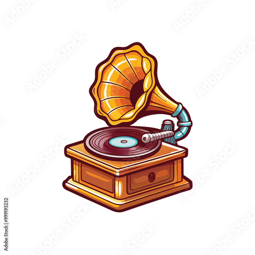 Cartoon illustration of a vintage gramophone with a retro DJ character.