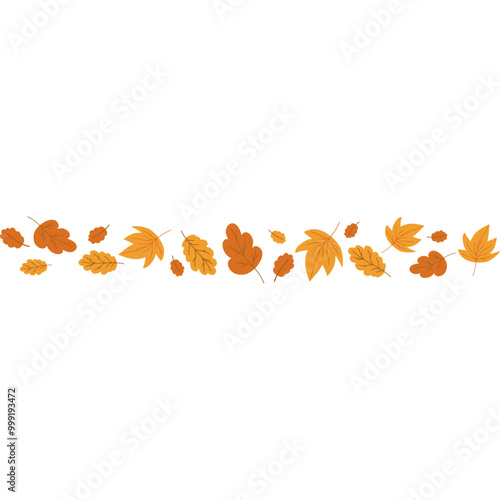 Autumn Falling Leaves Border. Leaf swirls. Flat doodle fall cartoon element. Vector illustration isolated on transparent background 