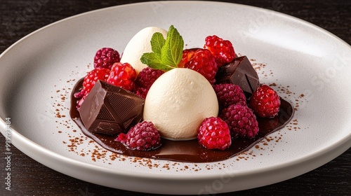 Gourmet Chocolate Dessert with Raspberries and Mint on White Plate