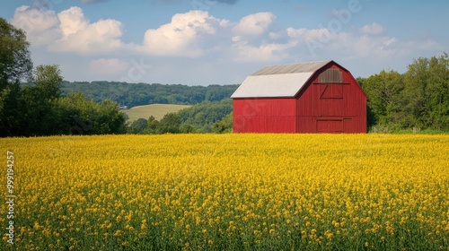 Vibrant Countryside Landscape with Red Barn