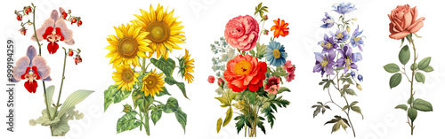 Vintage flower png cut out element set