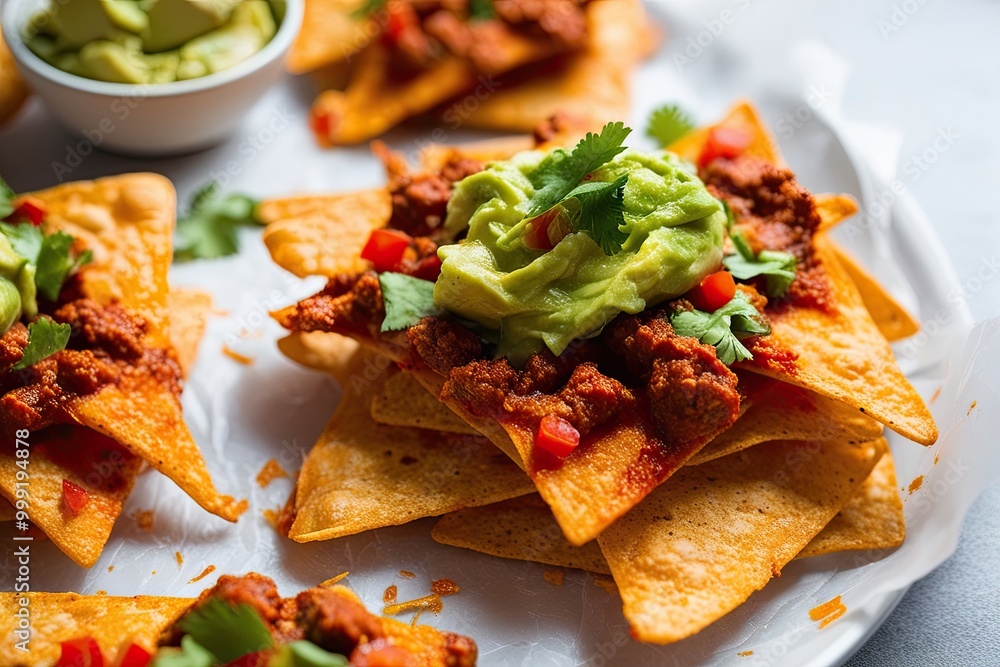 Crispy Spicy Nachos with Creamy Guacamole on a White Background Crispy Spicy Nachos with Creamy Guacamole on a White Background