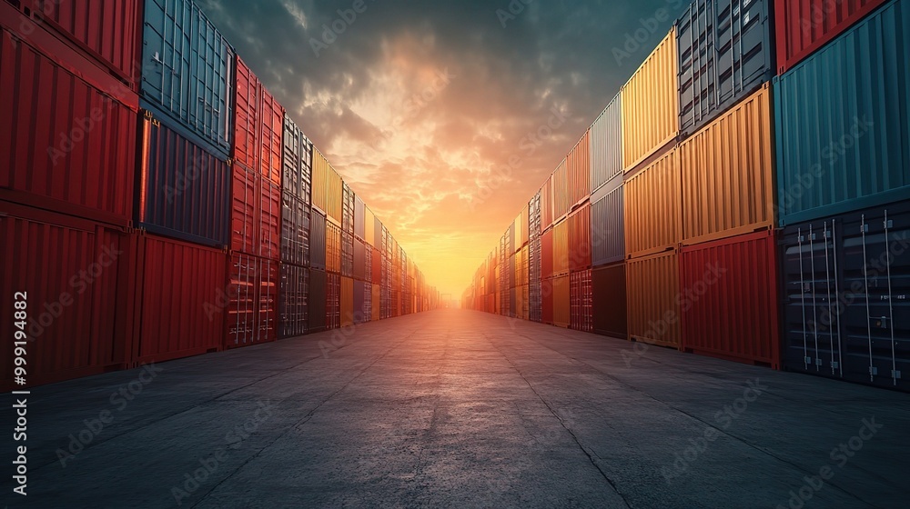 Fototapeta premium Sunset Over Cargo Containers in Shipping Yard