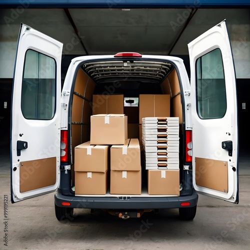 Delivery van with open doors Loaded with Cardboard Boxes. Moving And Delivery concept