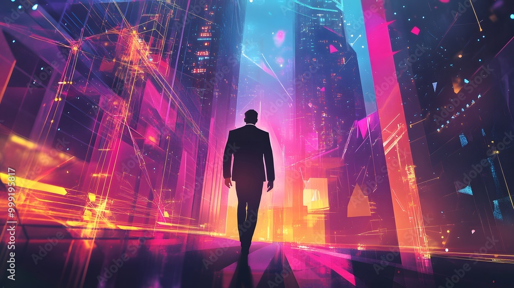 Business man on future network city technology background. Business man on future network city technology background.
