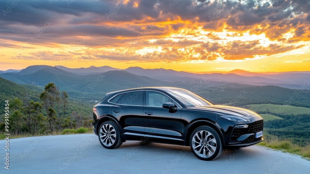 Naklejka premium Sleek Black SUV Against Stunning Sunset Landscape