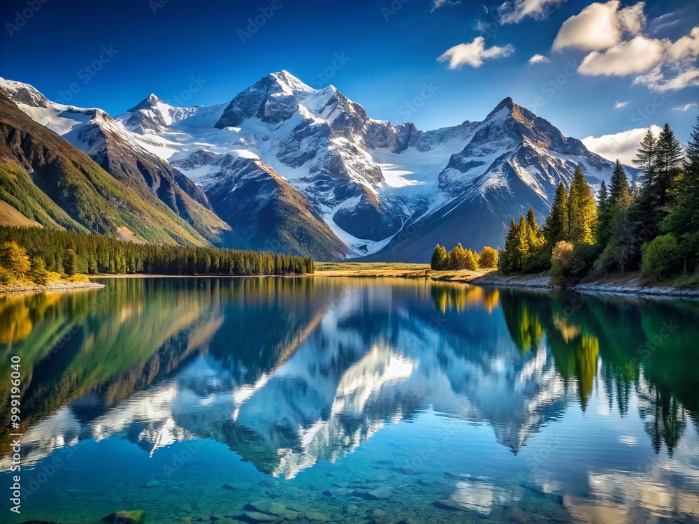 Tranquil Mountain Lake reflecting the majestic grandeur of the snow-capped peaks Tranquil Mountain Lake reflecting the majestic grandeur of the snow-capped peaks