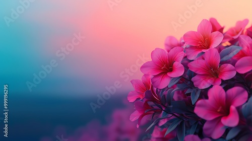 Garden of exotic flowers glowing in twilight, lowangle shot, vibrant reds, purples, and blues, soft ambient light, magical and serene photo