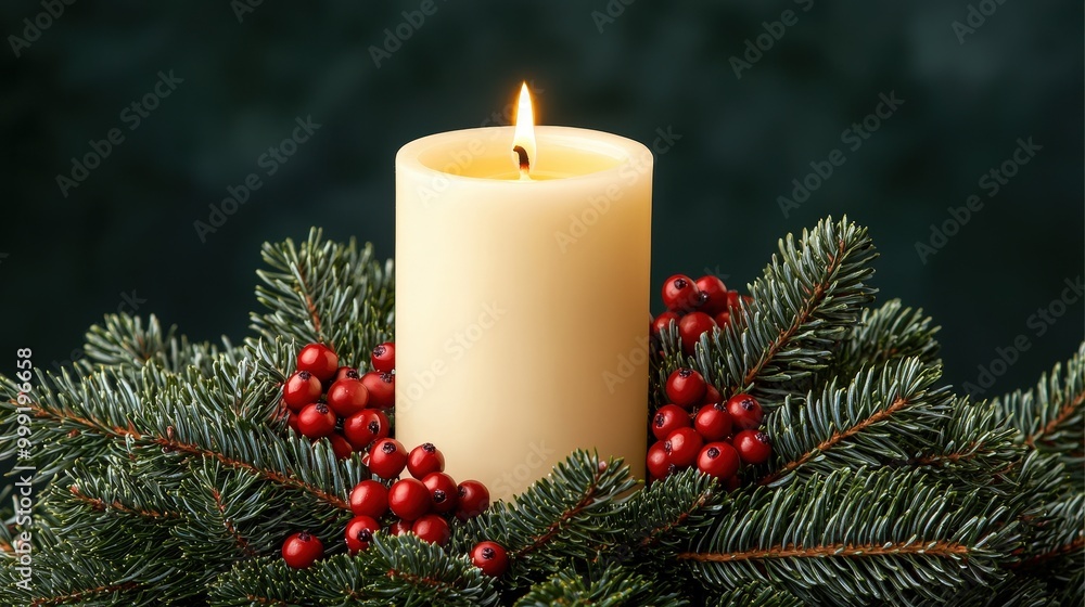 Christmas Candle with Evergreen and Berries Festive Decoration Christmas Candle with Evergreen and Berries Festive Decoration