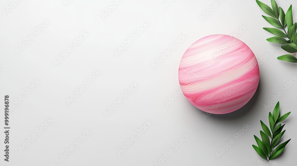 Pink Marble Sphere on White Background with Green Leaves Pink Marble Sphere on White Background with Green Leaves