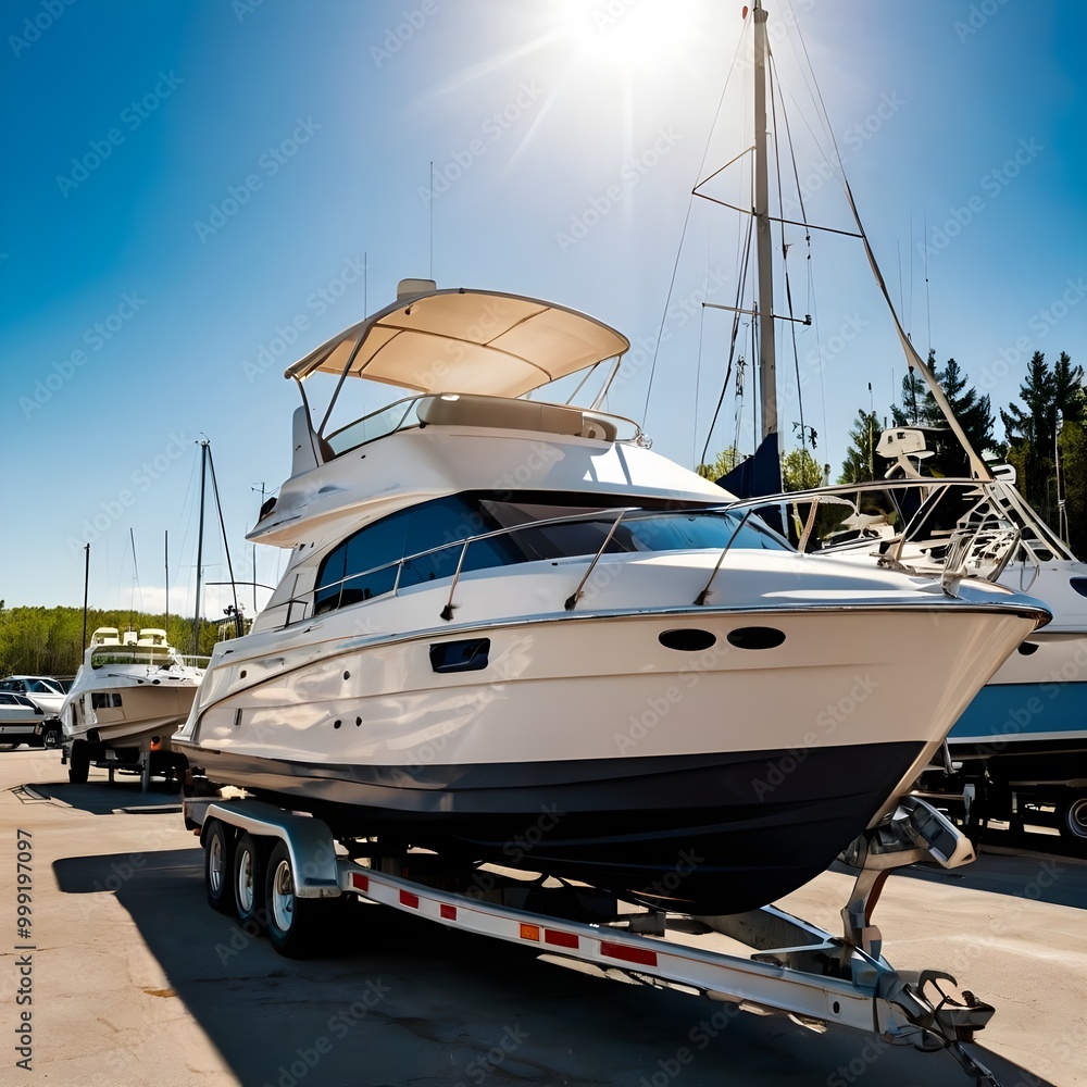 Fototapeta premium Boats on a trailer in the parking lot of a boat sports store for sale or rental, a sunny day with a blue sky in the background. luxury ship, maintenance, and parking place boat, marine industrial