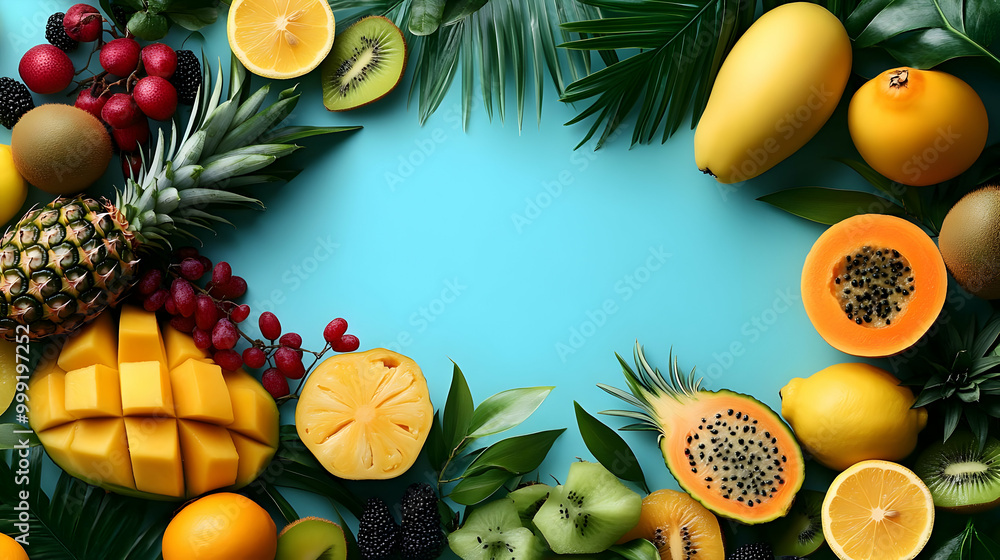 Tropical Fruit and Leaves Border on Blue Background Tropical Fruit and Leaves Border on Blue Background